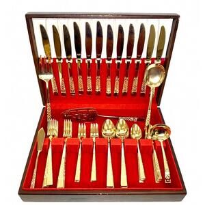 Japanese Lancelot by Present Gold Electroplated Flatware 65 Pieces in Wood Case